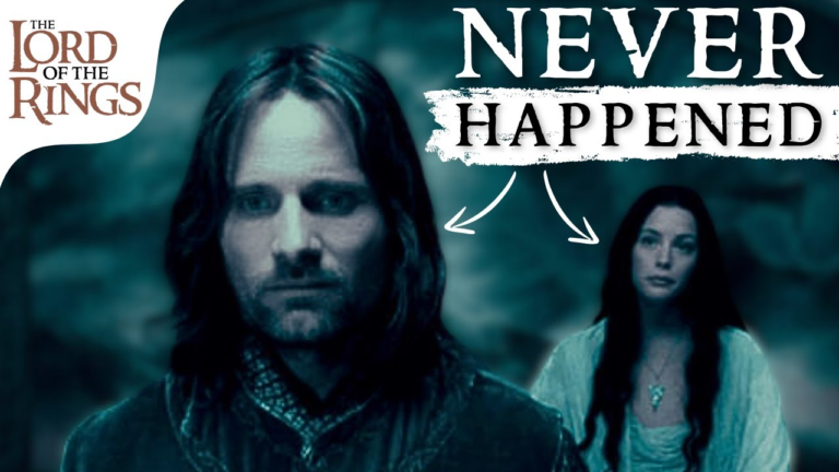 Aragorn standing in front with Arwen in back and text that says "Never Happened" above them both