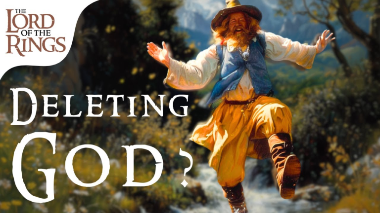 Tom Bombadil dancing through a river with the text "Deleting God?" next to him.