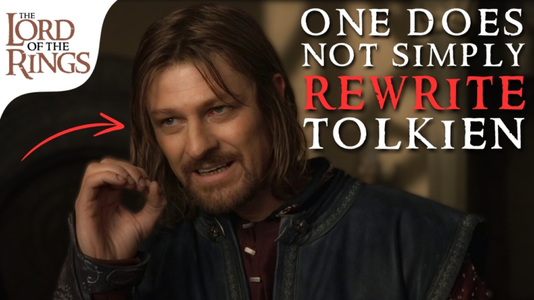 Boromir talking at the council of Elrond with text to the right of his head that says "One does not simply rewrite Tolkien"